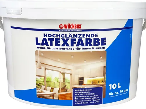 Latexfarbe Wilckens hochglänzend weiß 10l - Innen- & Außenfarben, wetterbeständig und lichtbeständig mit einer Abdeckung von 60-70 m², ideal für alle Zimmer.