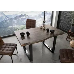 Massivmoebel24 Baumkantentisch FREEFORM - Einzigartiger Akazien Tisch - Baumkantentisch aus Akazie 140x90x77 cm, mit U-Beinen in anthrazit. Jeder Tisch ist ein Unikat mit natürlicher Holzstruktur und langlebiger Qualität, perfekt für stilvolle Essbereiche.