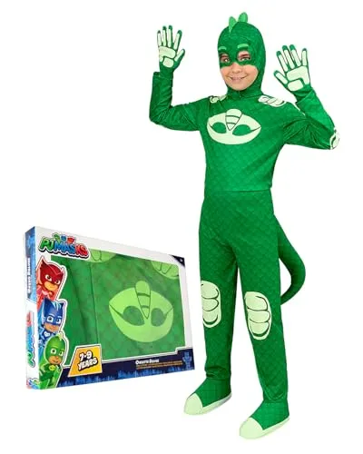 Funidelia Gecko PJ Masks Kostüm Deluxe für Jungen - Kostüm für Kinder in Größe 3-4 Jahre, inklusive Overall, Schwanz, Augenmaske und Handschuhe. Offizielle Lizenz für Karneval, Halloween und Kostümpartys.