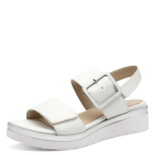 Tamaris Comfort Damen Sandalen flach aus Leder mit Schnalle, Silber (White/Silver) - 37 EU - Wanderschuhe mit Multi-Adjustable-Technologie für individuelle Passform und extra leichter Sohle für unbeschwertes Laufgefühl. Ideal für den ganzen Tag.