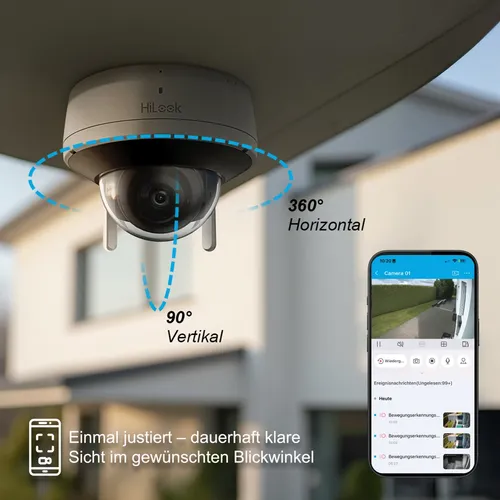 HiLook 4MP WLAN Video Überwachungskamera Dome mit 2 Wege Audio - Funk Dome-Kamera mit Nachtsicht und IP66 Schutz, bietet 360°-Schwenkbereich und intelligente Menschenerkennung für maximale Sicherheit.