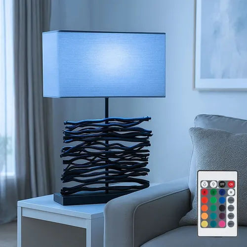 Tischleuchte mit Fernbedienung – Holzlampe schwarz-grau, dimmbar - Tischleuchten für stimmungsvolle Beleuchtung. Diese 50 cm hohe Holzlampe mit RGB LED bietet 16 Farben und Dimmfunktion – ideal für jeden Wohnbereich.