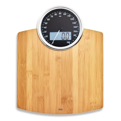 ADE Digitale Körperwaage mit analoger Anzeige - Digitale Personenwaage mit hochwertiger Wiegefläche aus echtem Bambusholz und beleuchtetem Dual-Display für präzise Ergebnisse bis 180 kg in 100 g Schritten.