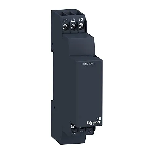 Schneider Electric RM17TG00 PHASENWÄCHTER 208-480VAC - Phasenüberwachungsrelais für Drehstromnetze, erkennt Phasenfolge und -ausfall, kompakte Bauweise mit nur 17,5 mm Breite, ideal für sichere Netzüberwachung.