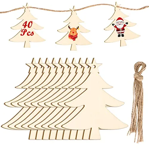 MELLIEX 40 Stück Holz Deko Holzanhänger, DIY Basteln Dekohänger zum Bemalen mit 40 Stück Fäden für Weihnachtsschmuck Weihnachtsanhänger Baum Geschenkanhänger