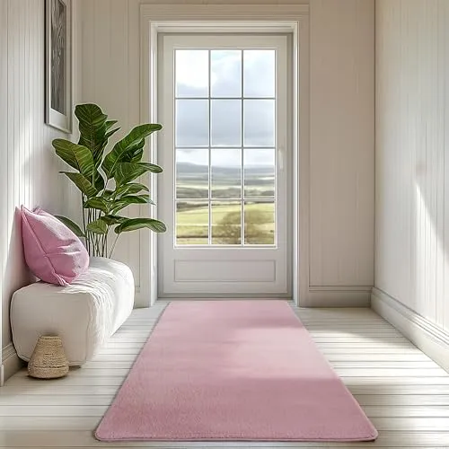 SIMPEX Läufer Teppich Rosa 60x100 cm Kurzflor Teppich Waschbar, weich & rutschfest, modernes einfarbiges Design für Schlafzimmer, Küche & Flur