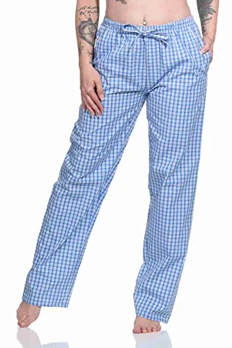 Normann Damen Schlafanzug Pyjama Hose lang gewebt aus Baumwolle - ideal zum relaxen, Farbe:blau, Größe:44-46