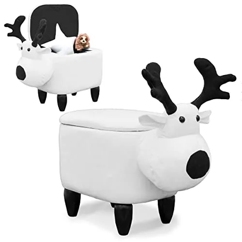 DuneDesign Rentier Spielzeug Hocker mit Stauraum - Hocker fürs Kinderzimmer mit 9L Stauraum und knuddeligem Rentier-Design. Ideal für Spielzeugaufbewahrung und bis 120 kg belastbar - perfekt für jedes Kinderzimmer.