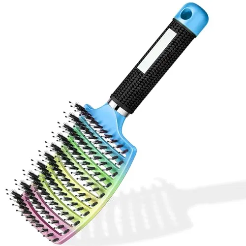 Haarbürste Haarstyling Bürste für Lange Feine Dicke Lockige Haare ohne Ziepen, Profi Entwirrungsbürste Griff, Wildschweinborsten detangler kinder entwirrburste damen herren entwirren (Regenbogen)