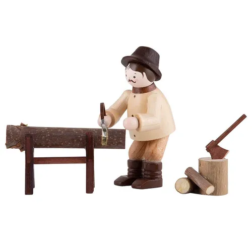 Volkskunstwerkstatt Romy Thiel Dekofigur Waldarbeiter - 3-teilig, 6cm - Nussknacker Dekofigur Waldarbeiter beim Sägen, handgefertigt aus Naturmaterialien, ideal für eine rustikale Weihnachtsdekoration.
