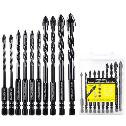HPMAISON Steinbohrer Set, 10 tlg. Fliesenbohrer Glasbohrer mit 4 Schneiden Hartmetallspitze für Beton, Keramik Fliesen, Ziegelmauer, Wandspiegel, Glas, Kunststoff, Holz und Mauerwerk, Ø 5-12mm