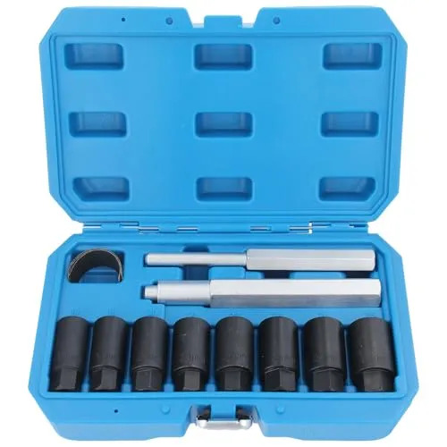 Felgenschloss Demontage Set 10-tlg. - Professionelles Set zur einfachen und beschädigungsfreien Demontage von Felgenschlössern. Enthält 8 konische Hülsen für hohe Kraftübertragung und einen Schlagdorn.