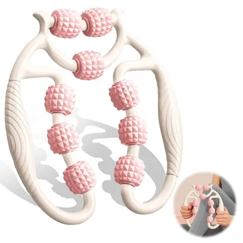 Vlecexs Massageroller Beine, Massagerolle mit Griff Bein, Massage Beine Cellulite Roller mit 9 Rädern, Anti Cellulite Massagegerät zur Entspannung für Oberschenkel, Fuß, Bauch und Armmassage,Weiß+Rosa
