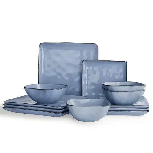 Richmount Steingut Geschirrset 4 Personen, Serie Ocean 12-tlg Quadratishes Geschirr Set, Teller Set pülmaschinen- mikrowellen- kratzfest für Tafelservice mit Reaktiver Glasur, Essgeschirr, Blau