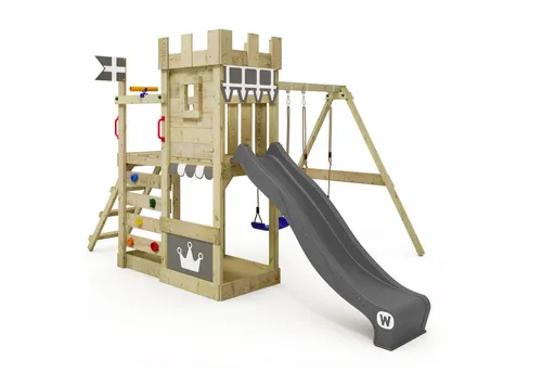 Wickey Spielturm RoyalFlyer – Abenteuer-Spielgerät mit Rutsche und Schaukel - Robuster Kletterturm mit Wellenrutsche und verstellbaren Schaukelsitzen. Ideal für kreative Spielstunden im Garten. 10 Jahre Garantie auf Holzqualität.