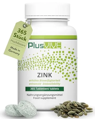 PlusVive Zink Tabletten hochdosiert I 1x 365 Tabletten I 25mg Zink aus Zink Bisglycinate pro Tablette I Mit Papain & Spirulina I Nahrungsergänzungsmittel vegan & laborgeprüft