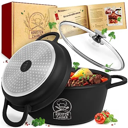 KRUSTENZAUBER 24cm Aluguss Bräter mit Deckel - Pfannen - Backofengeeigneter 4L Aluminium Schmortopf mit zwei Deckeln für perfekte Kochergebnisse und gleichmäßige Wärmeverteilung.