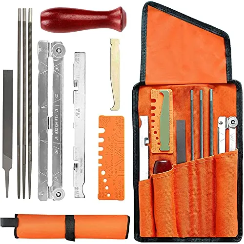 Kettensägen Schärffeilen Sägekette Feilen Set Enthält Rundfeile Schärfführungen Tiefenmesser Flache 10-stk mit Stoffbeutel