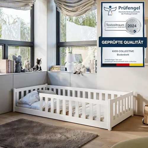 Kinderbett Bodenbett 80x180 cm mit Matratze und Rausfallschutz - Montessori Bett aus FSC Kiefer-Vollholz, sicher und stabil bis 100kg, fördert die Unabhängigkeit Ihres Kindes durch kindgerechtes Design.