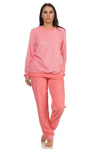 NORMANN-Wäschefabrik Damen Frottee Pyjama - Herz-Tupfen Streifenoptik, Größe 44-46 - Kuscheliger Frottee Pyjama in eleganter Streifen- und Herzchen-Optik. Ideal für kalte Nächte, mit komfortablem Schnitt und praktischen Bündchen. Erhältlich in Übergrößen und aus schadstoffgeprüften Materialien.