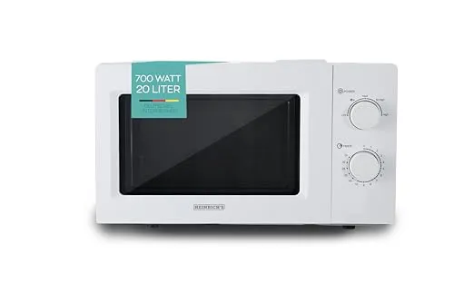 HEINRICHS Mikrowelle, kompakte Mikrowelle, 20L Volumen, 5 Leistungsstufen, inkl.35 min. Timer, Defrost Funktion, Innenraumbeleuchtung, 360° Drehteller, Zwei Drehregler, Weiß, 700W Leistung, Heinrich´s