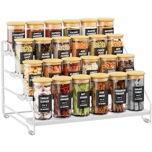 Gucass 4 Etagen Gewürzregal Stehend, Metall Gewürzständer Einstellbar Ohne Bohren, Gewürzhalter Spice Rack Organizer für die Küche, Schrank und Arbeitsplatte, Küchenregal für Platzsparende(Weiß)