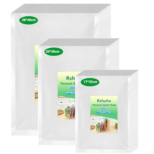 Rshuhx Vakuumierbeutel 200µm 80 Beutel Vakuumbeutel für Lebensmittel 17x25cm (50)+ 20x30cm (20)+ 28x40cm (10) für alle Vakuumiergerät und Sous Vide Geeignet Gefrierbeutel BPA-frei für Kühlschrank