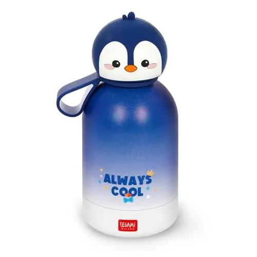 Legami Penguin Thermosflasche Blau - Hot&Cold BFF für Kinder - Thermobehälter aus doppelwandigem Edelstahl, hält Getränke 12 Stunden heiß und 24 Stunden kalt, ideal für bunte Trinkmomente unterwegs!