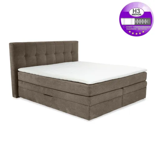 Boxspringbett 180x200 cm mit H3 Federkernmatratzen und Kaltschaum-Topper in Braun Taupe - Stylisches Boxspringbett 180x200 cm mit 2x 7-Zonen-Federkernmatratzen und Kaltschaum-Topper. Bietet optimalen Schlafkomfort und Stauraum durch 2 integrierte Bettkästen. Bezug aus hochwertigem Cord in Braun Taupe.