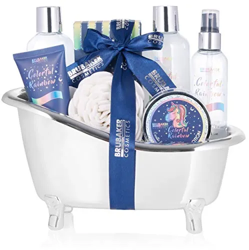 BRUBAKER Cosmetics 8-tlg. Einhorn Beauty Set Colorful Rainbow mit Vanille Lavendel Duft in Wanne Silber