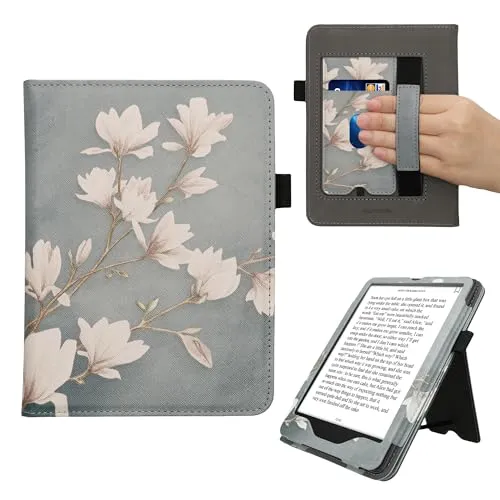 kwmobile Flip Cover kompatibel mit Amazon Kindle Paperwhite (2024)/Colorsoft - Hülle mit Handschlaufe Magnolien Taupe Weiß Blaugrau