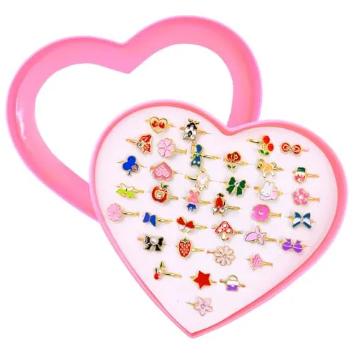 Zatixbu 36 Stück Einstellbare Kinderringe für Mädchen, Prinzessin Schmuck Set mit Herzförmiger Vitrine, Glitzer Ringe für Geburtstag Party Geschenk