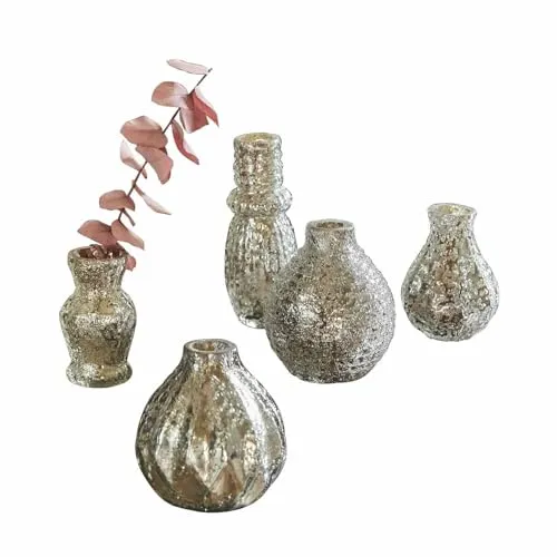 Loberon Vase 5er Set Petillantique, Verschiedene Formen, Mundgeblasen, Bauernsilber-Finish, Lichtreflektierende Oberfläche, Wohnaccessoire, Dekoration, Glas, Silber
