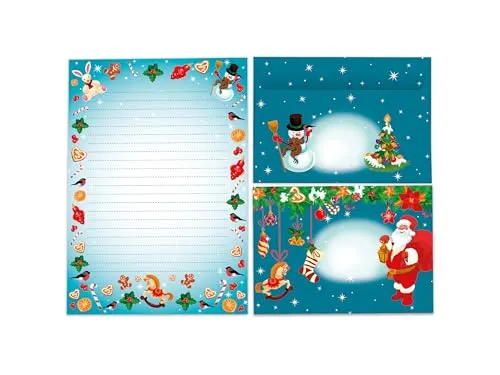 Briefpapier-Set A5 blau Schreibblock liniert mit Umschlag Motiv Weihnachten für Wichtelgeschenk Kinder Jungen Mädchen (1 Block A5 mit 25 Blättern + 15 bunt bedruckte Kuverts)
