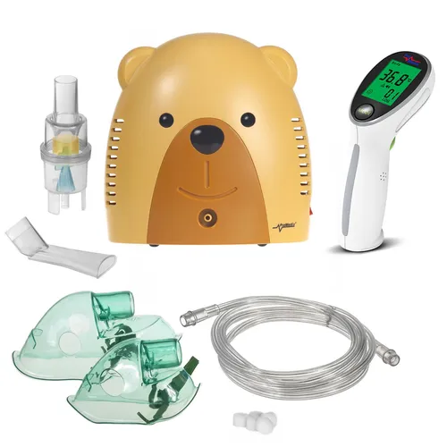 Kinder-Inhalator-Set mit Maske und Infrarot-Thermometer Bär - Inhalatoren für Kinder, Modell PR-811, inklusive Maske und praktischem Infrarot-Thermometer für einfache Anwendung und Gesundheitsüberwachung.