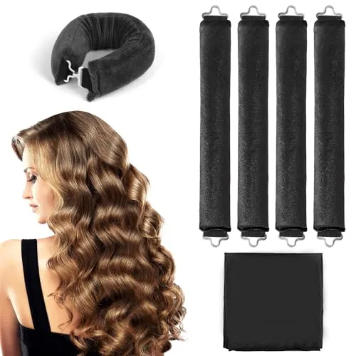 GROFIS 5 Stück Hitzefreie Lockenwickler, Lockenwickler Über Nacht mit Haken, Heatless Curls Band, Overnight Blowout Locken Ohne Hitze für Lange Medoum und Kurze Haare, Schwarz