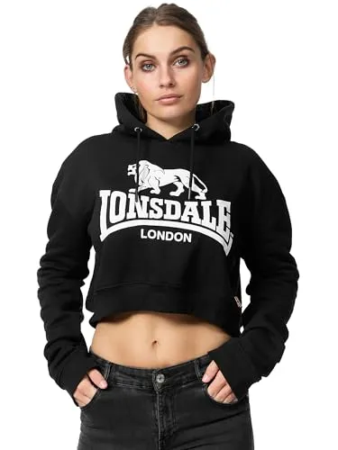 Lonsdale Kapuzensweatshirt Crop Top ROXETH schwarz XL (42) - Sportliches Crop Top Sweatshirt mit Kapuze, ideal für lässige Outfits. Aus 80% Baumwolle, weich und bequem, mit praktischer Kängurutasche und Logodruck. Perfekt für aktive Tage oder entspannte Freizeit.