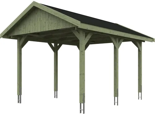 Satteldach-Carport Wallgau Grün 380 x 500 cm - Carport aus imprägniertem Holz mit stabilen 11,5 cm Pfosten, witterungsbeständig und ideal für PKW, Motorrad oder Fahrrad. Hohe Tragfähigkeit von 200 kg/m² für alle Jahreszeiten.