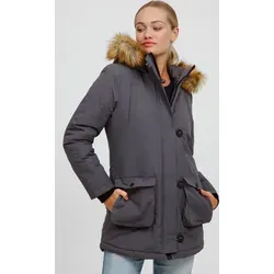 OXMO Acta Damen Wintermantel Parka mit Kapuze - Größe L, Farbe Iron Gate - Damen-Mäntel: Wattierte Winterjacke mit abnehmbarem Kunstfell und nachhaltiger Produktion für stilvolle Wärme im Winter.