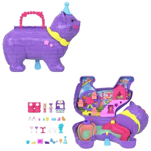 Polly Pocket Katzen-Piñata-Spielset mit 23 Zubehörteilen - Puppenset mit 2 Mikropuppen und 23 Accessoires, inklusive niedlichen Kätzchen und aufregenden Fahrgeschäften – ideal für kreative Partys ab 4 Jahren!