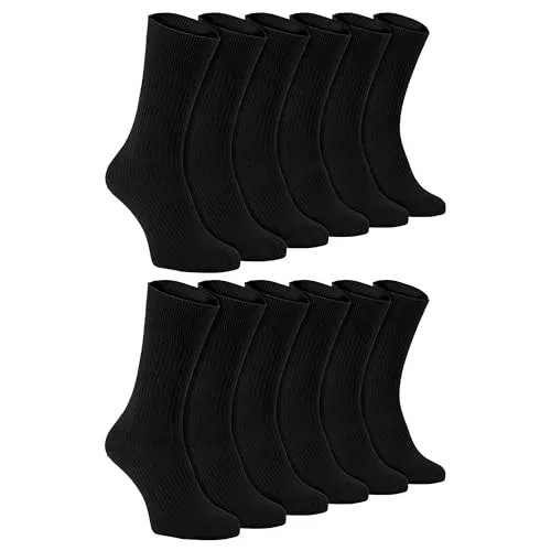 Sock Snob 12er Pack Herren 100% Baumwolle Socken in Schwarz Atmungsaktiv Crew Extra Weit Socken Ohne Gummi (39-45, TSFD03)