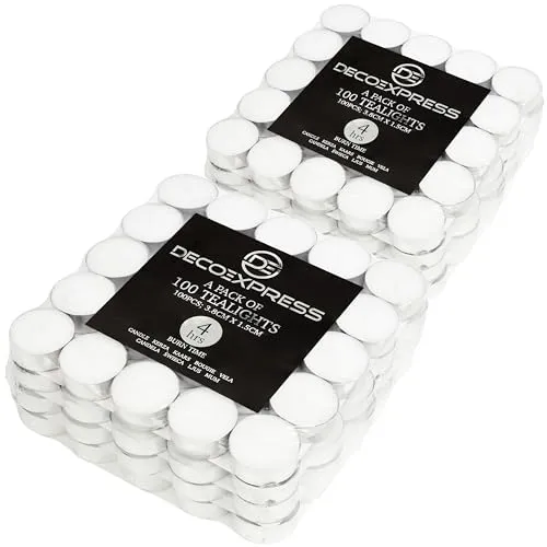 DECO EXPRESS Teelichter Großpackung, 24, 25, 50, 100 oder 200 Teelichter Lange Brenndauer 4, 8 oder 10 Stunden (Weiß, 100/8 Stunden)