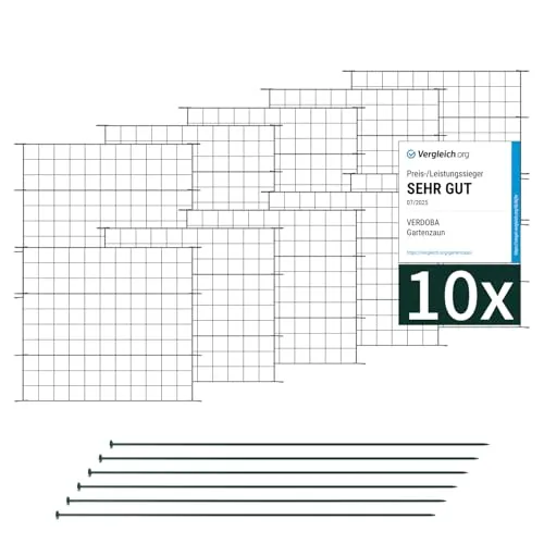 VERDOBA Premium Hundezaun - Flexibles Gartenzaun Komplettset mit 10 Zaunelementen - Dekorative Zäune - Robuster, pulverbeschichteter Metallzaun, ideal für Teich- und Hundeabsicherung, kinderleichter Aufbau und flexibel erweiterbar.