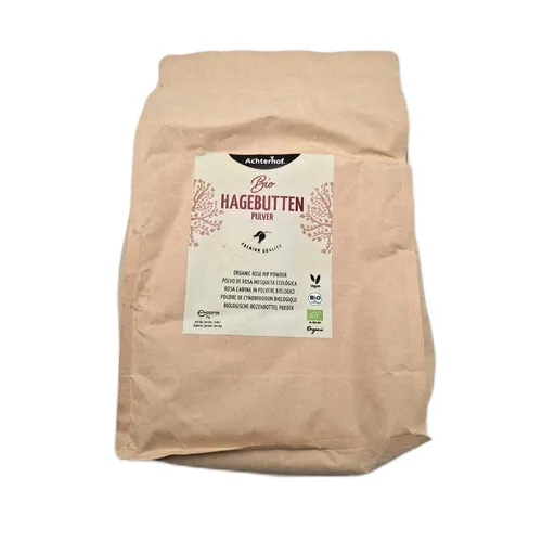 Hagebuttenpulver Bio 1000g - Aromatisches Hagebuttenpulver in Rohkostqualität, ideal für Müsli und Smoothies, 100% bio vom Achterhof