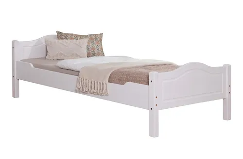 Ticaa Bettgestell Rita aus massivem Kiefernholz in Weiß - Elegantes Einzelbett mit schön geformtem Kopf- und Fußteil, ideal für eine freundliche Wohnatmosphäre. Verfügbar in 90x200 cm und 140x200 cm. Lieferung inklusive Montagematerial und Anleitung.