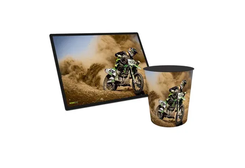 itenga Schreibtischunterlage & Papierkorb Motocross - Praktisches Set mit lustigem Papierkorb (11 Liter) und robuster Schreibtischunterlage (40 x 53 cm). Beide Produkte sind leicht zu reinigen und ideal für Kinderzimmer oder Büros.