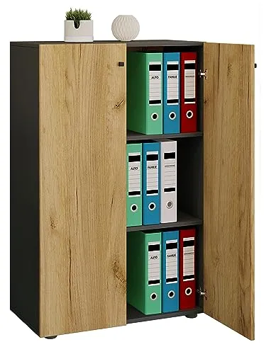 VCM Büroschrank Lona 3-Fach Anthrazit/Honig-Eiche - Schränke für das Heimbüro – Platzsparender Aktenschrank mit 3 Fächern und modernem Design, ideal für 21 Ordner oder Bücher, schützt Ihre Dokumente und passt perfekt in jedes Büro.