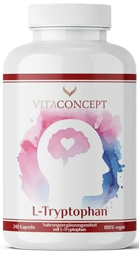 L-Tryptophan I hochdosiert mit 500mg je Kapsel I 240 vegane Kapseln I aus pflanzlicher Fermentation I in Deutschland produziert I ohne unerwünschte Zusätze I Vitaconcept