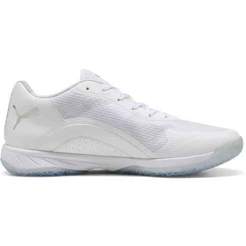 Puma Hallen-Indoorschuhe Accelerate Turbo 4 - Weiße Badmintonschuhe für Herren, Größe 43 - Badmintonschuhe für Herren, konzipiert für Geschwindigkeit und Leistung. Mit PWRTAPE für Unterstützung und PUMAGRIP für überlegene Traktion auf allen Oberflächen.