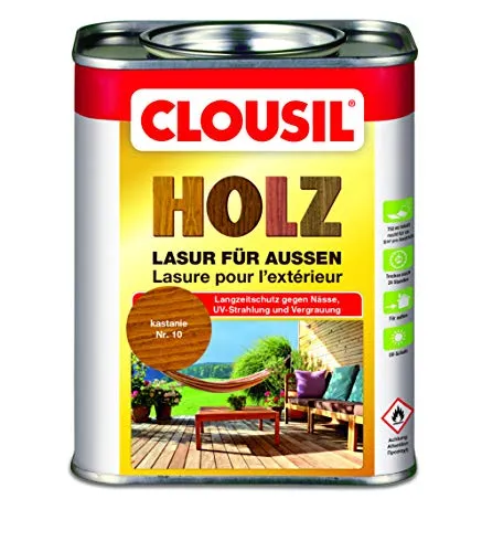 CLOUsil Holzlasur für außen - Kastanie Nr. 10, 0.75L - WETTERBESTÄNDIGE Holzlasur für alle Hölzer im Außenbereich. Effektiver Schutz gegen Witterungseinflüsse, UV-Strahlung und Vergrauung. Einfache Anwendung ohne Grundierung, ideal für Carports, Zäune und mehr.